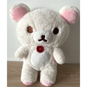 San-X Rilakkuma Korilakkuma Plush White Bear Pink Ears Red Button 13.5” Japan